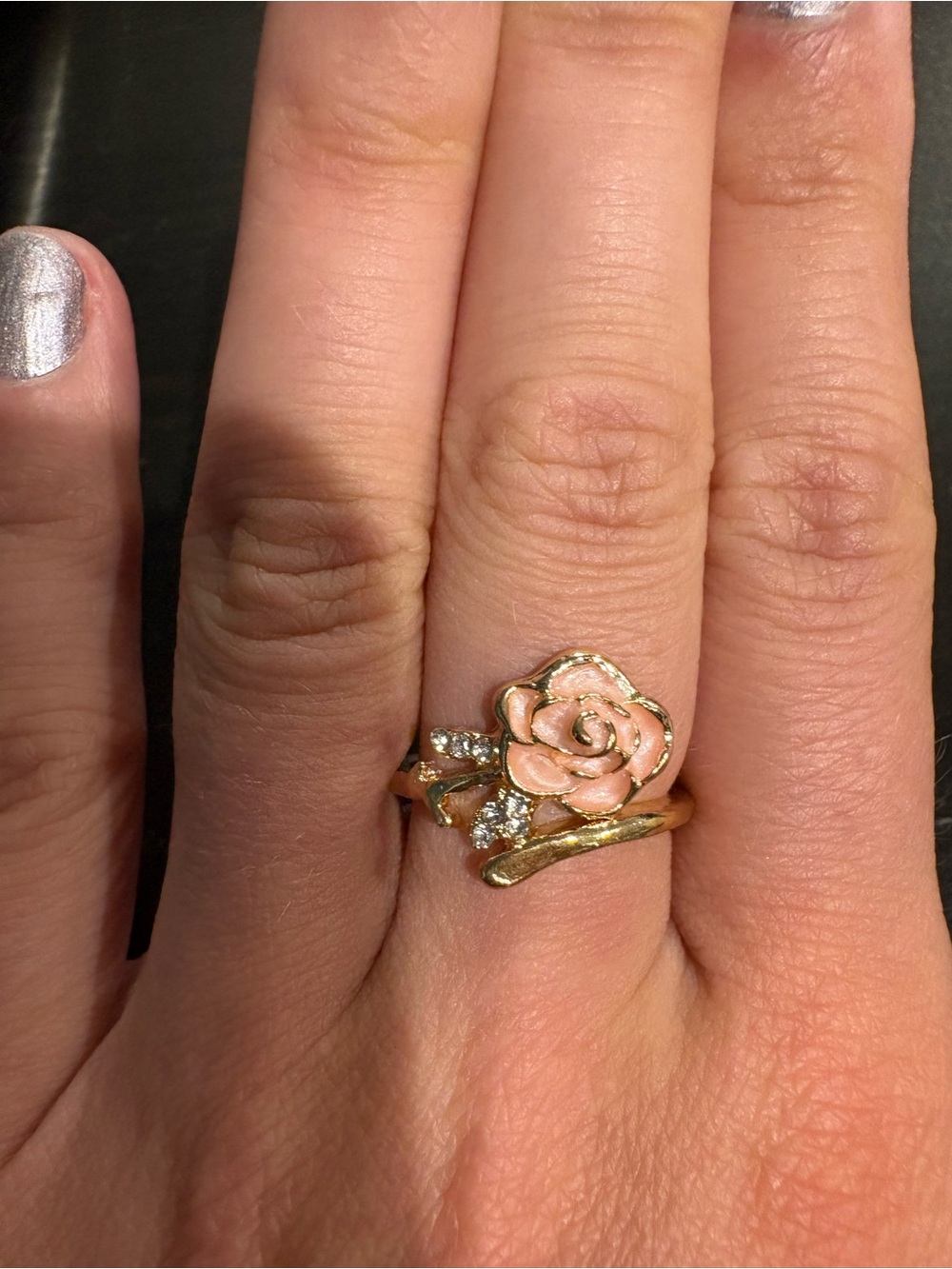 Gold-Tone Pink Rose Floral Ring